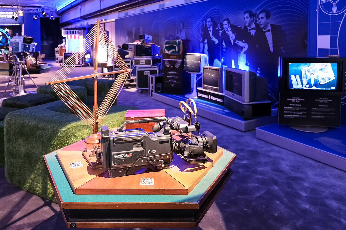 Cameras on display at the Museum of Radio and Television located in the RAI Production Center in the city center of Turin, Piedmont, Italy, Europe