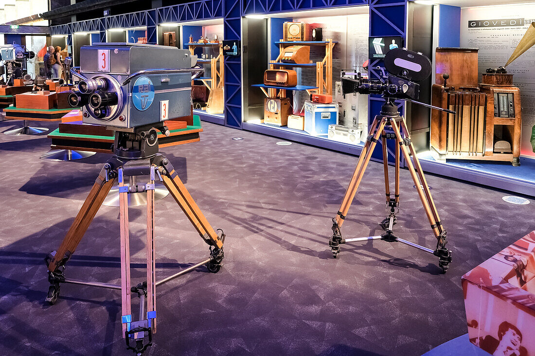 Cameras on display at the Museum of Radio and Television located in the RAI Production Center in the city center of Turin, Piedmont, Italy, Europe