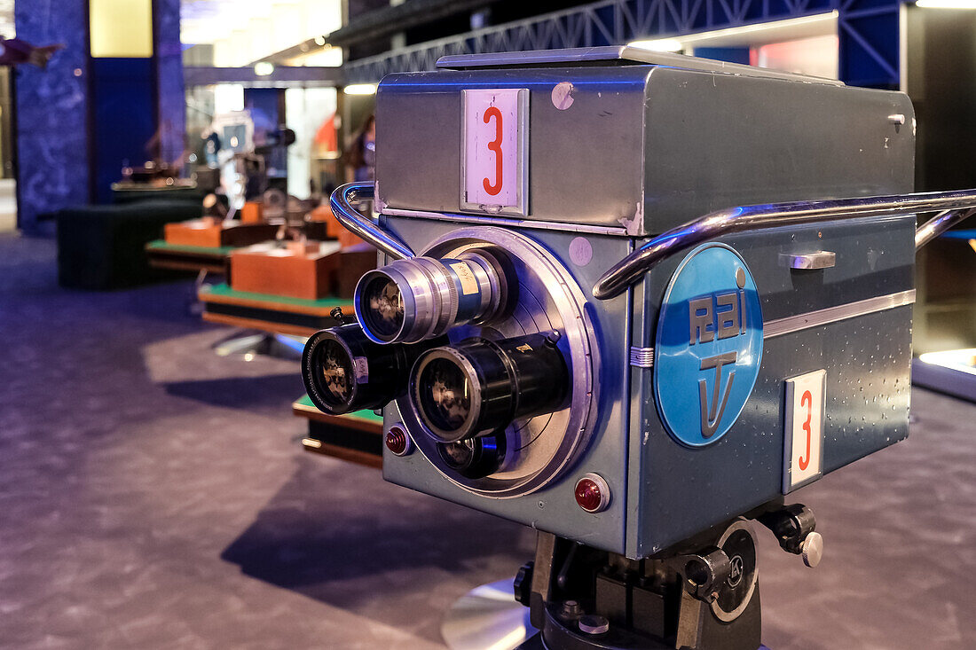 Cameras on display at the Museum of Radio and Television located in the RAI Production Center in the city center of Turin, Piedmont, Italy, Europe