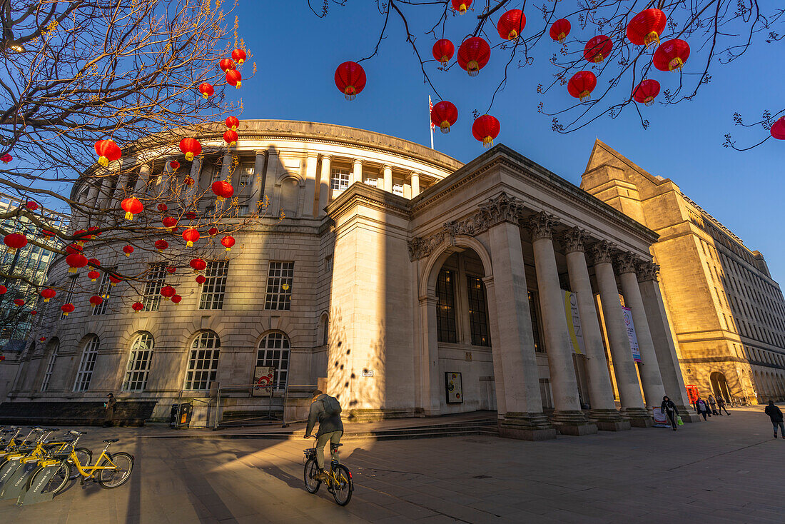 View of Chinese lanterns and Central Library in St. Peter's Square, Manchester, Lancashire, England, United Kingdom, Europe