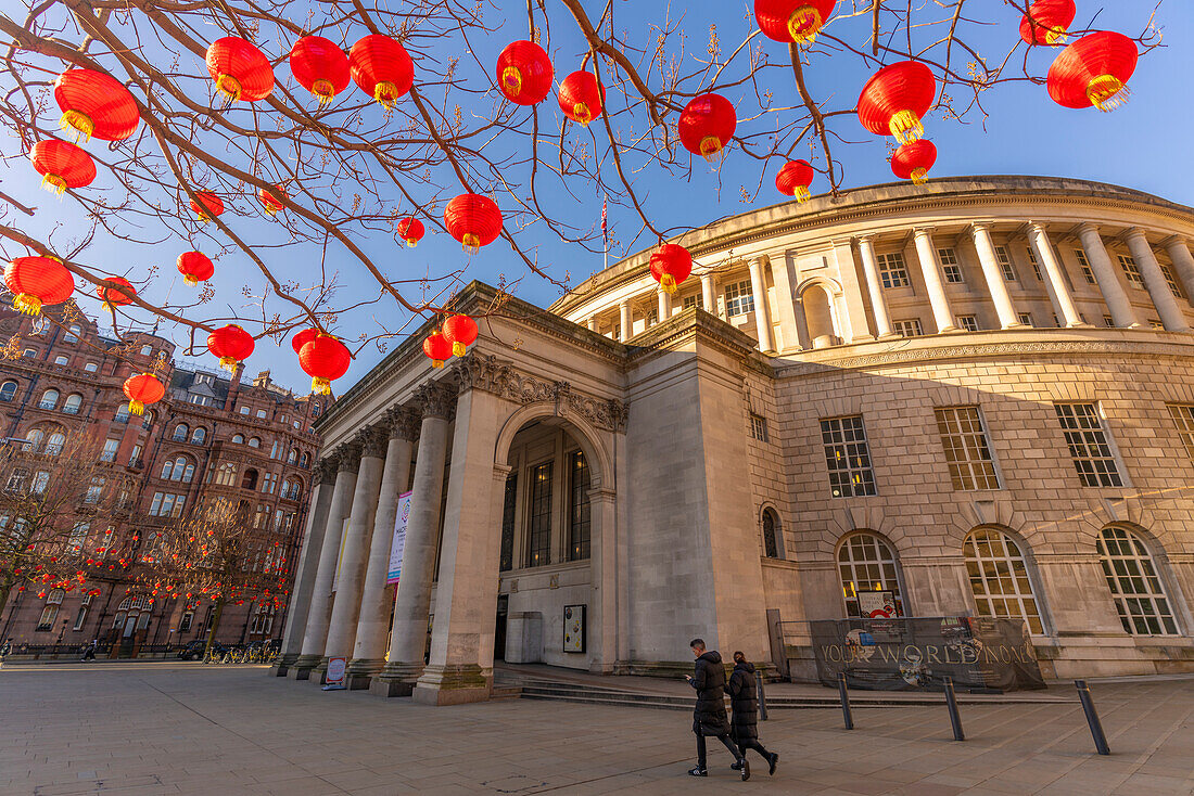 View of Chinese lanterns and Central Library in St. Peter's Square, Manchester, Lancashire, England, United Kingdom, Europe