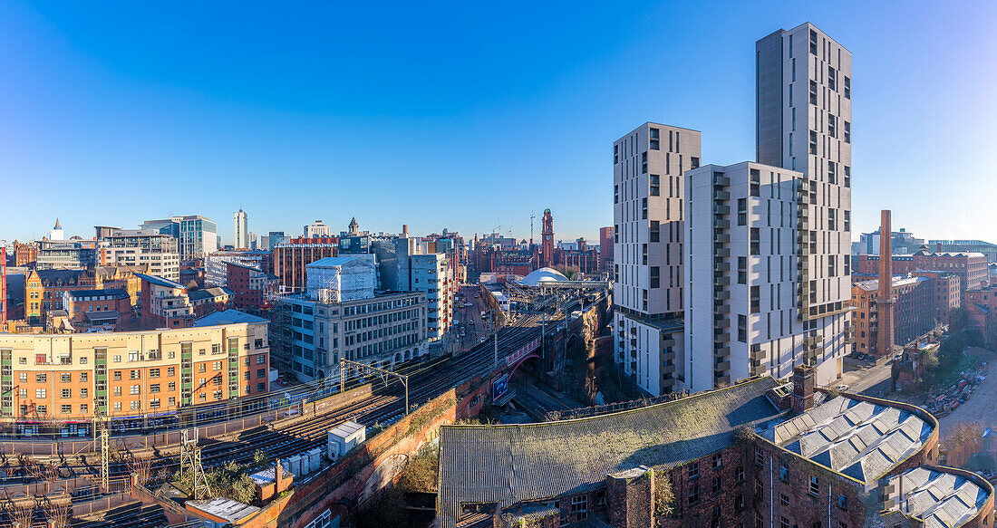 Elevated view of city skyline from Tony Wilson Place, Manchester, Lancashire, England, United Kingdom, Europe