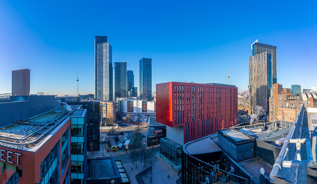 Elevated view of Deansgate apartments from Tony Wilson Place, Manchester, Lancashire, England, United Kingdom, Europe