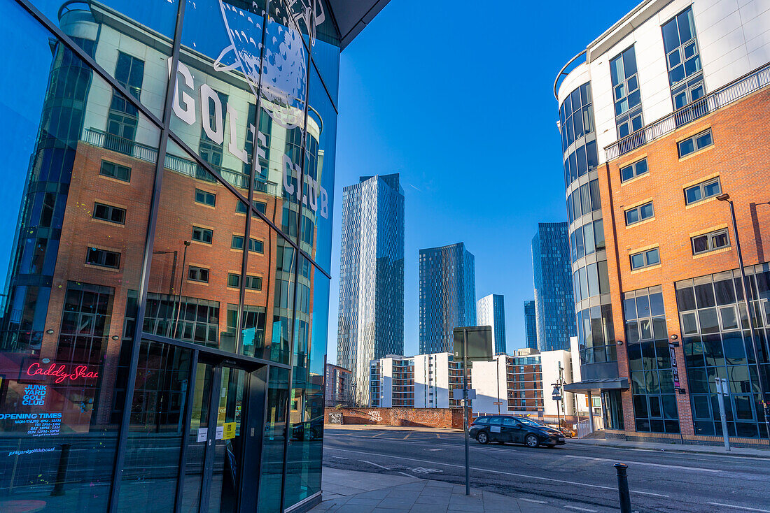 Blick auf Wohnhäuser in Deansgate, Manchester, Lancashire, England, Vereinigtes Königreich, Europa