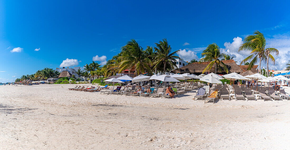 Blick auf Strand und Palmen in Puerto Morelos, Karibikküste, Yucatan-Halbinsel, Riviera Maya, Mexiko, Nordamerika