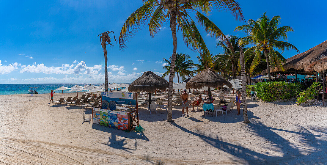 Blick auf Strand und Palmen in Puerto Morelos, Karibikküste, Yucatan-Halbinsel, Riviera Maya, Mexiko, Nordamerika