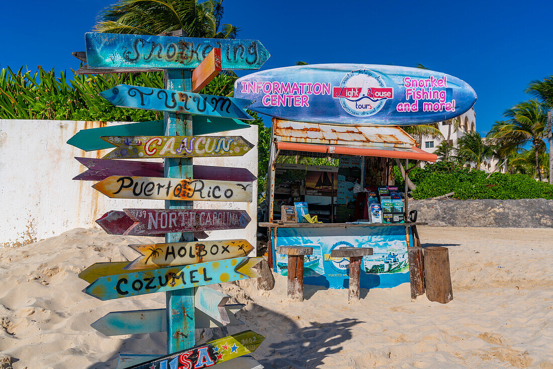 View of colourful destination sign on beach at Puerto Morelos, Caribbean Coast, Yucatan Peninsula, Riviera Maya, Mexico, North America