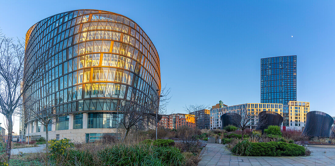 View of contemporary Co-op building in Angel Square, Manchester, Lancashire, England, United Kingdom, Europe