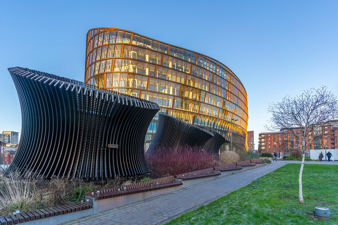 View of contemporary Co-op building in Angel Square, Manchester, Lancashire, England, United Kingdom, Europe