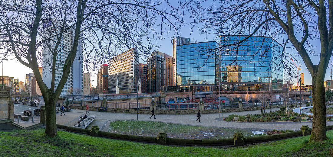 View of contemporary architecture from Cathedral Gardens, Manchester, Lancashire, England, United Kingdom, Europe