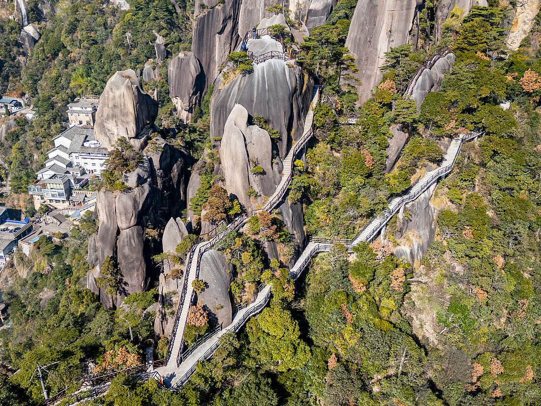 Aerial of the Taoist Sanqing Mountain, UNESCO World Heritage Site, Jiangxi, China, Asia