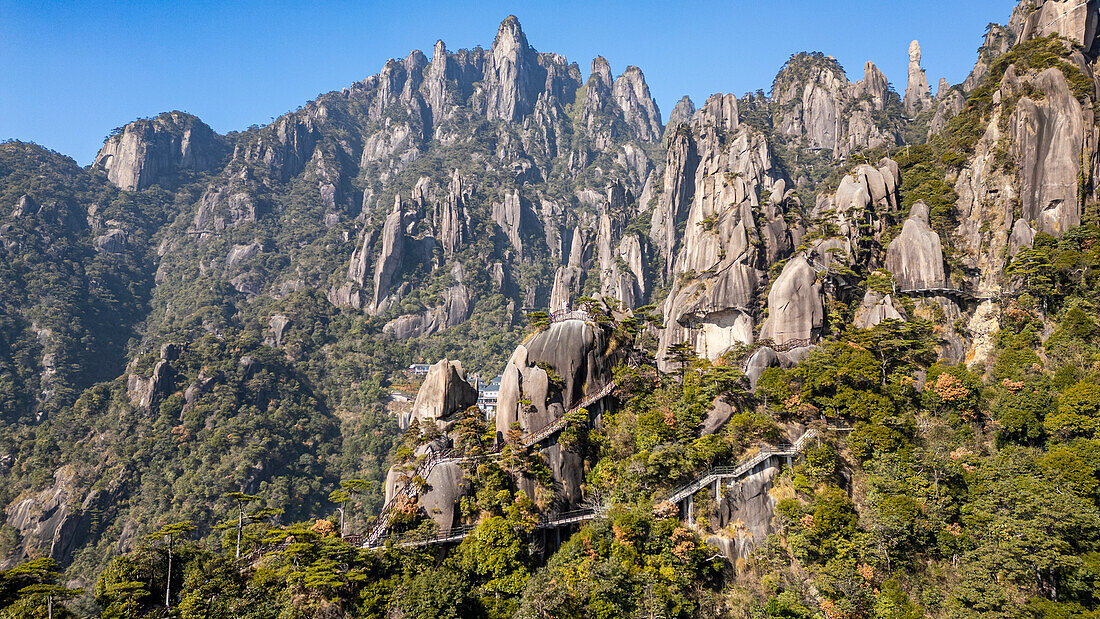 Aerial of the Taoist Sanqing Mountain, UNESCO World Heritage Site, Jiangxi, China, Asia