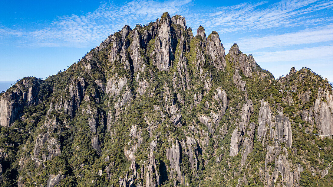 Aerial of the Taoist Sanqing Mountain, UNESCO World Heritage Site, Jiangxi, China, Asia