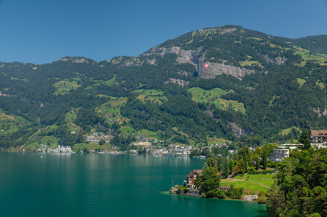 View to Vitznau and Rigi Mountain, Lake Lucerne, Canton Schwyz, Switzerland, Europe