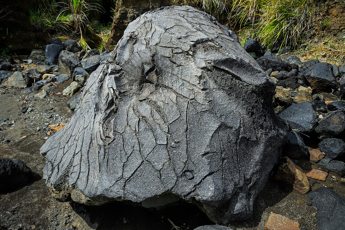 Spannungsrisse in der Haut einer großen gefallenen Lavabombe in der Nähe des Mount Lokon, eines aktiven Stratovulkans, in der Nähe der Stadt Tomohon, Gunung Lokon, Tomohon, Nordsulawesi, Indonesien, Südostasien, Asien