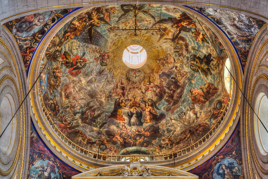 Eucharistie, Temperamalerei, Altar der Katholischen Könige, Kathedrale Unserer Lieben Frau von der Unbefleckten Empfängnis, 1649, Historisches Zentrum, UNESCO-Weltkulturerbe, Puebla, Bundesstaat Puebla, Mexiko, Nordamerika