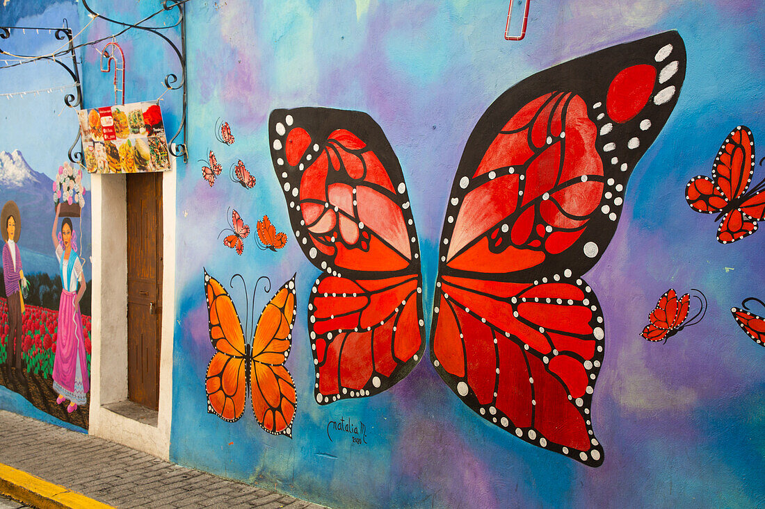 Mural of red butterfly, colourful Street Art, Avenue Hidalgo, Atlixco, Pueblos Magicos, Puebla State, Mexico, North America