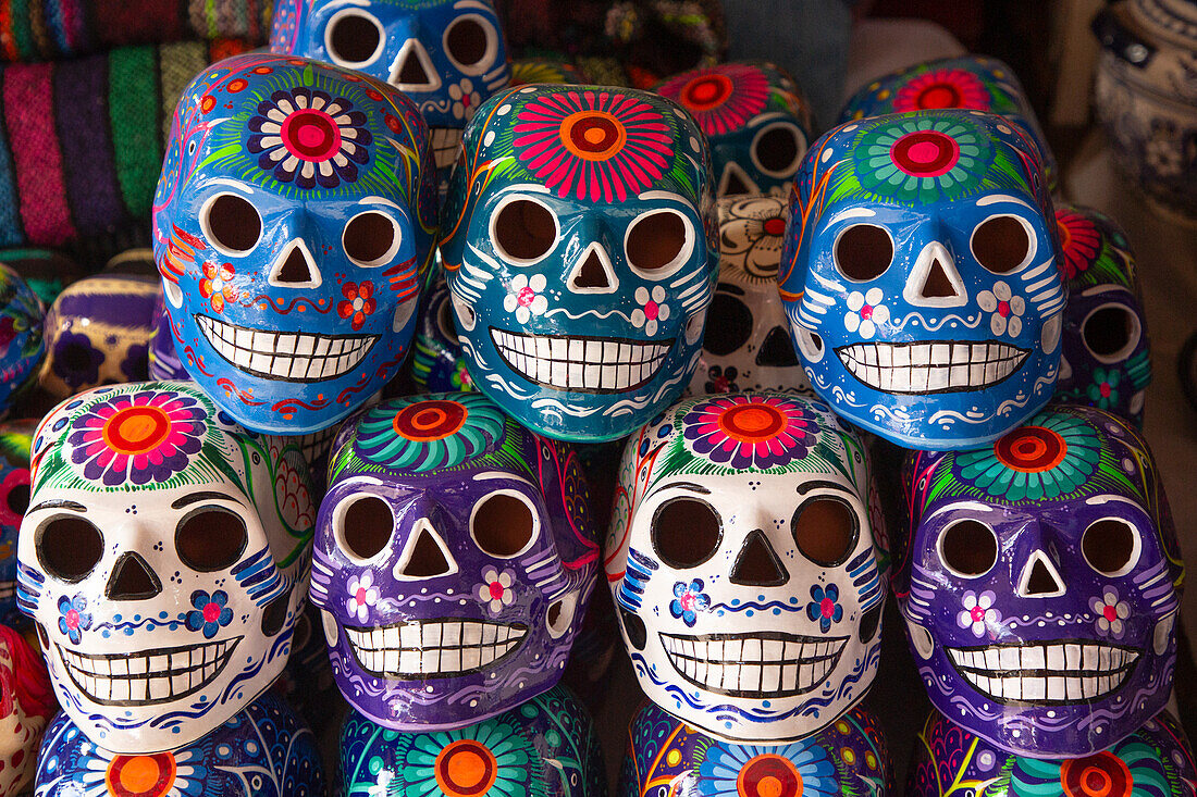 Colorful Ceramic Skulls, Zocolo Market, Cholula, Puebla State, Mexico, North America