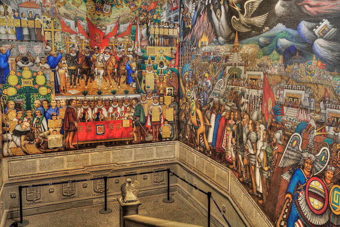 Governor's Palace, 16th century, Staircase with Frescos by artist Disiderio Hernandez Xochitiotzin, Tlaxcala City, Tlaxcala State, Mexico, North America