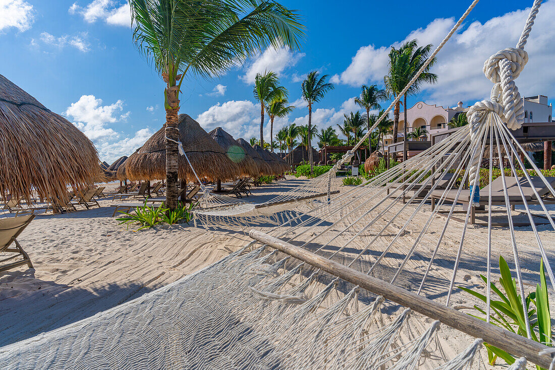 View of hammock on beach at Puerto Morelos, Caribbean Coast, Yucatan Peninsula, Riviera Maya, Mexico, North America