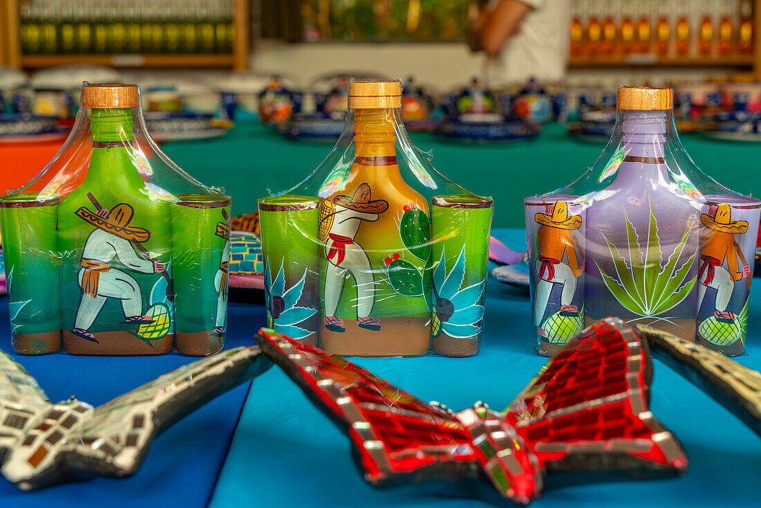 View of tequila bottles near Puerto Morelos, Caribbean Coast, Yucatan Peninsula, Riviera Maya, Mexico, North America