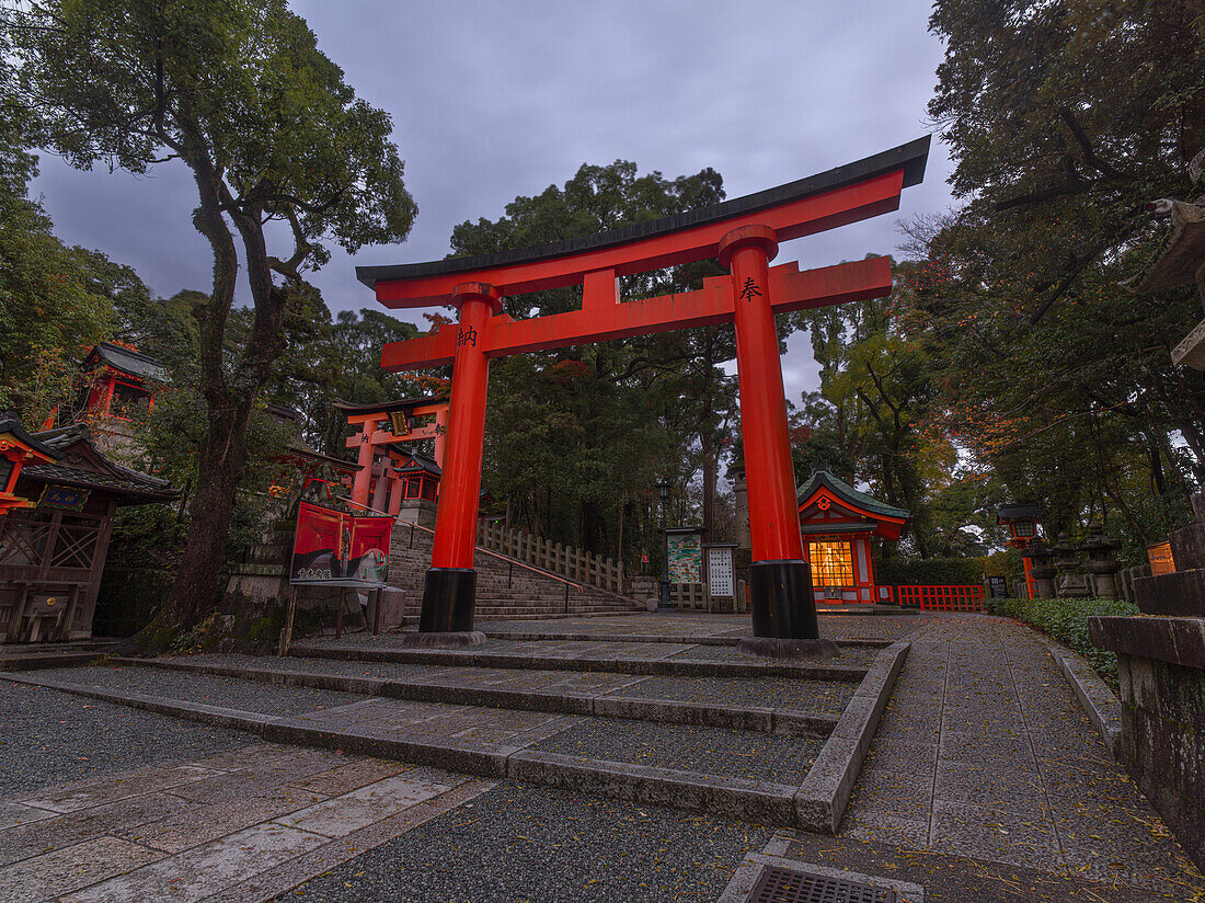 Die roten Torii-Tore am Fushimi Inari Taisha-Schrein in Kyoto, Honshu, Japan, Asien