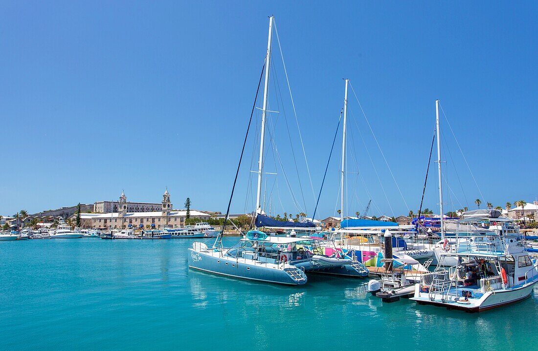 Vessels in the harbour and The Old Storehouse, The Royal Naval Dockyard, Sandys, Bermuda, North Atlantic, North America