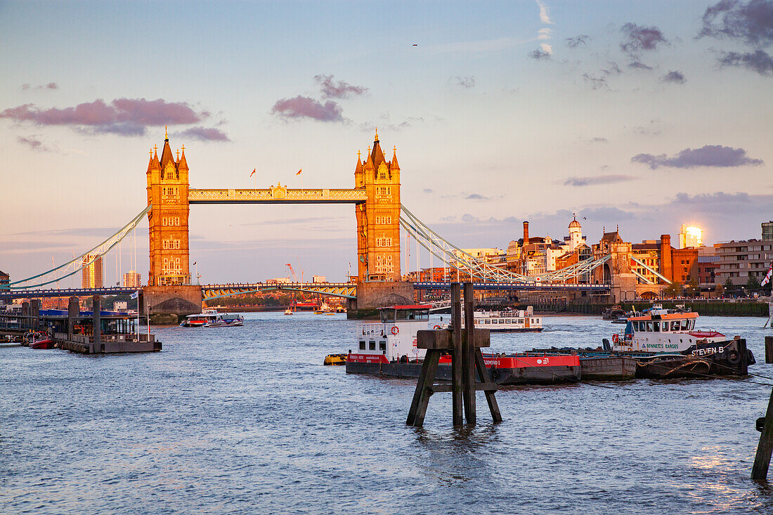 Tower Bridge at sunset, London, England, United Kingdom, Europe