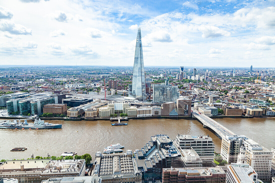 Aerial view of South London with London Bridge, The Shard skyscraper and River Thames, London, England, United Kingdom, Europe