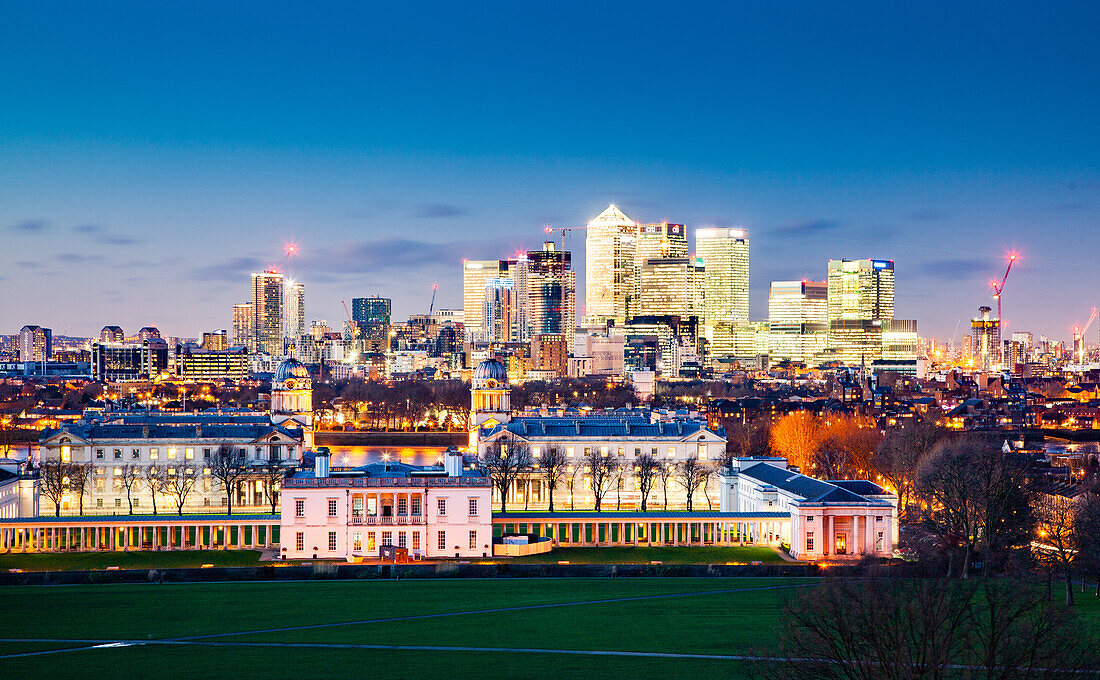 Panoramablick von Greenwich auf Canary Wharf, Docklands, London, England, Vereinigtes Königreich, Europa