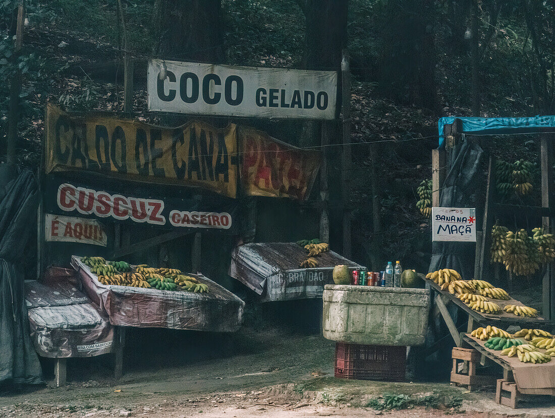 Ein verwitterter Stand neben einer Autobahn, der verschiedene Arten von tropischen Früchten und lokalen Produkten außerhalb von Rio de Janeiro, Brasilien, Südamerika, verkauft