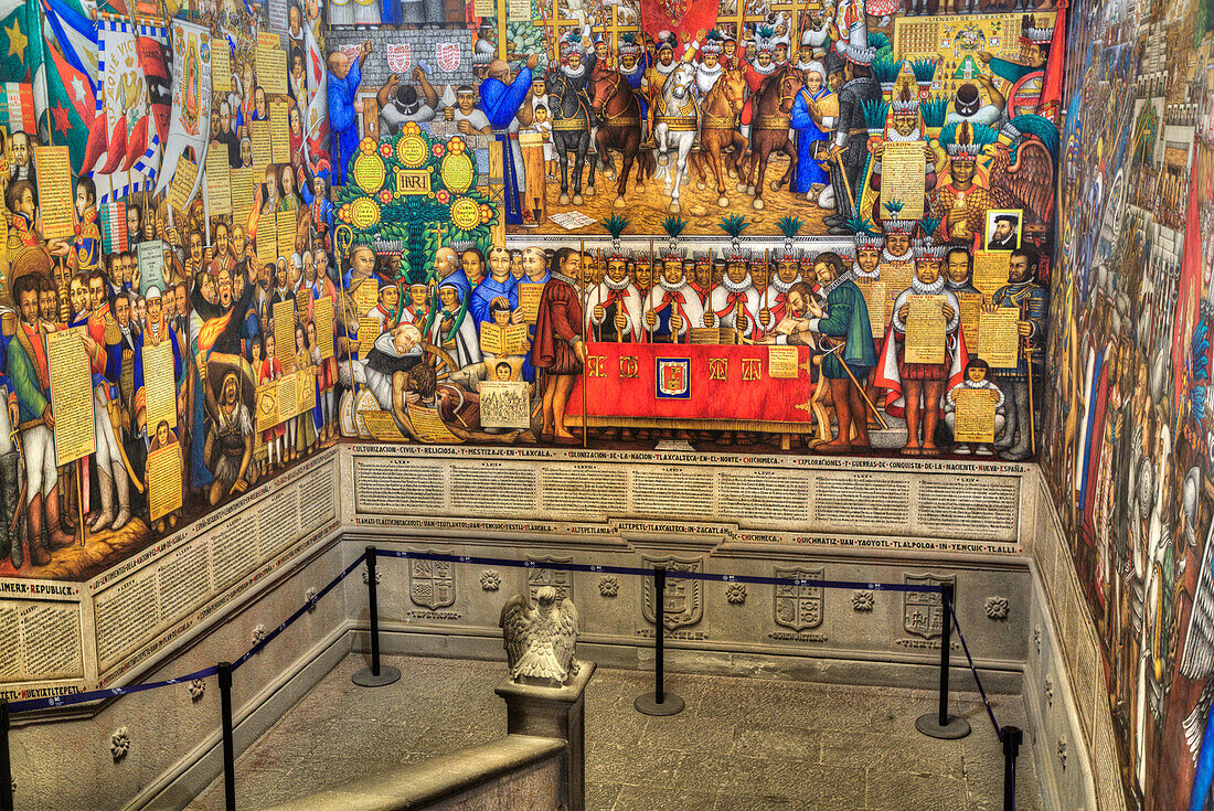 Governor's Palace, 16th century, Staircase, with Frescos by artist Disiderio Hernandez Xochitiotzin, Tlaxcala City, Tlaxcala State, Mexico, North America