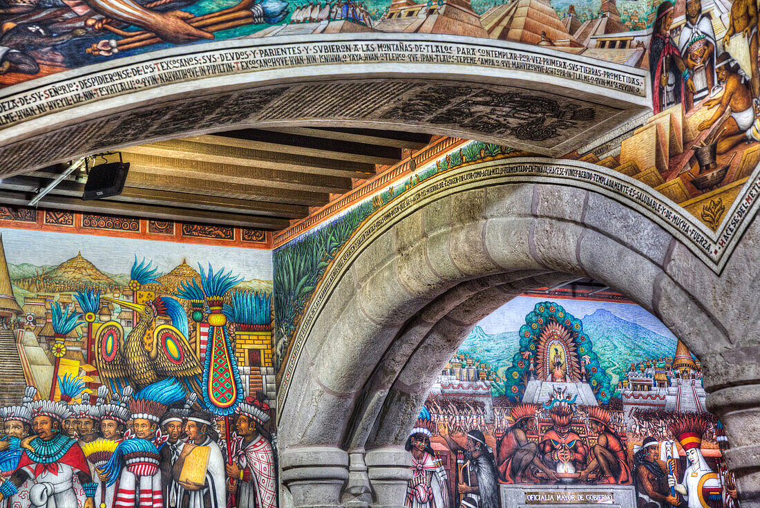 Governor's Palace, 16th century, Foyer, with Frescos by artist Disiderio Hernandez Xochitiotzin, Tlaxcala City, Tlaxcala State, Mexico, North America