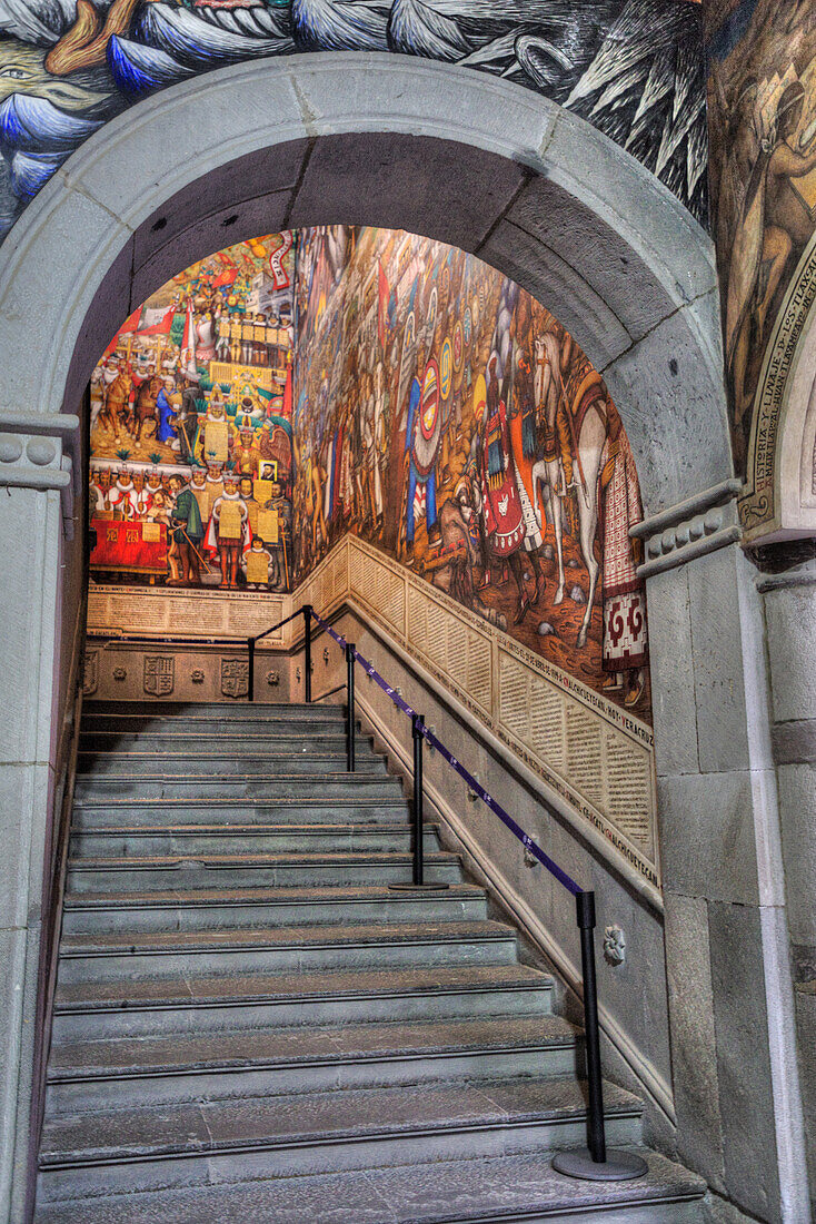 Governor's Palace, 16th century, Stairwell, with Frescos by artist Disiderio Hernandez Xochitiotzin, Tlaxcala City, Tlaxcala State, Mexico, North America