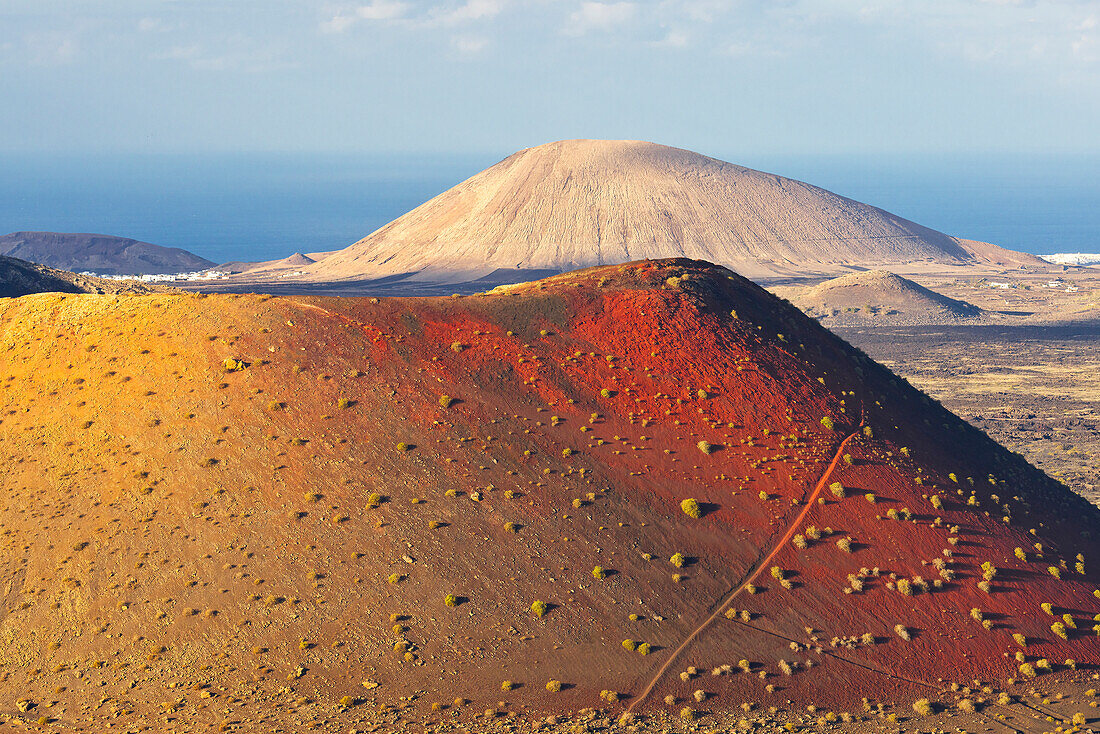 Aerial view of Caldera Colorada at sunset, Tinajo, Las Palmas, Lanzarote, Canary Islands, Spain, Atlantic, Europe