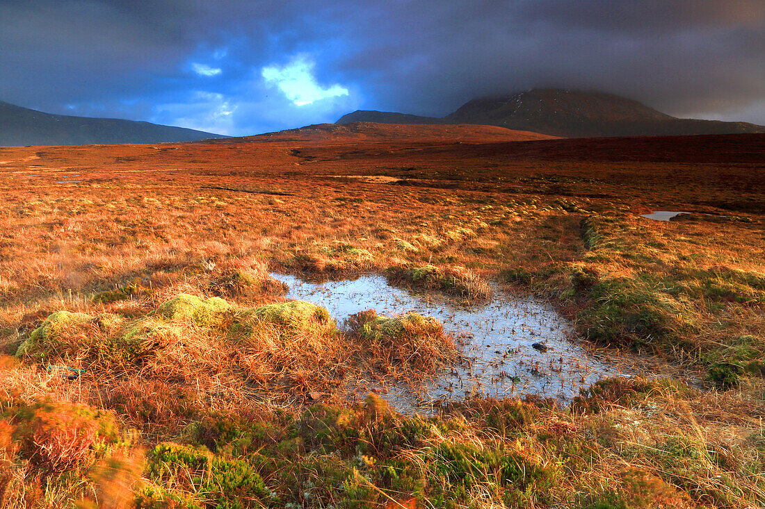 Moorland und Berge im nördlichen Sutherland im Winter, Highlands, Schottland, Vereinigtes Königreich, Europa