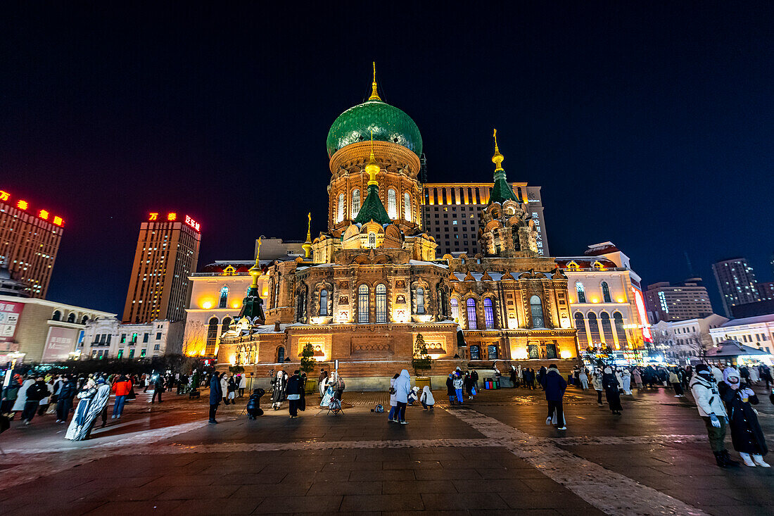 Saint Sophia Cathedral, at night, Harbin, Heilongjiang, China, Asia