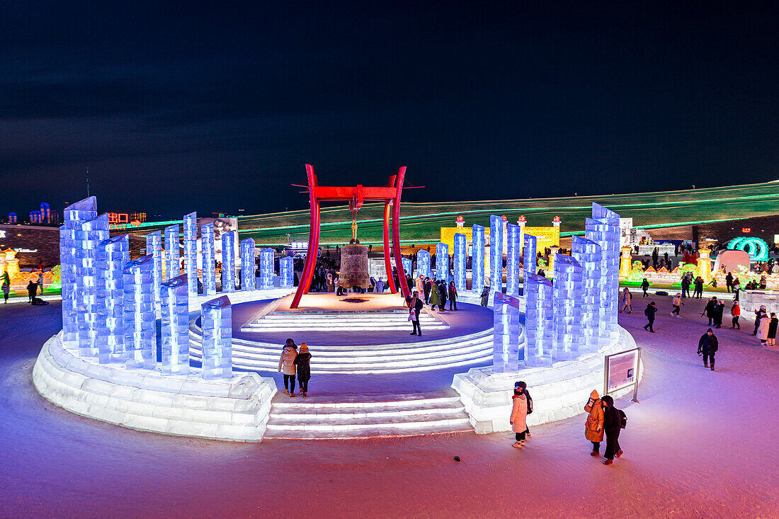 Illuminated buildings made out of ice, Ice International Ice and Snow Sculpture Festival, Harbin, Heilongjiang, China, Asia