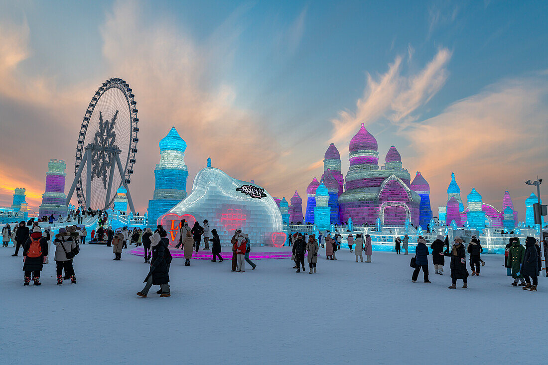 Illuminated buildings made out of ice, Ice International Ice and Snow Sculpture Festival, Harbin, Heilongjiang, China, Asia