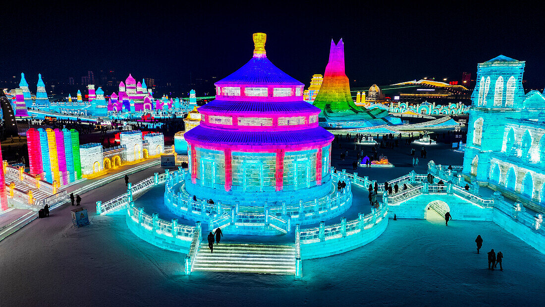 Aerial of the Illuminated buildings made out of ice, Ice International Ice and Snow Sculpture Festival, Harbin, Heilongjiang, China, Asia