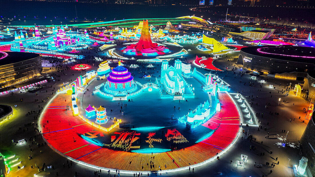 Aerial of the Illuminated buildings made out of ice, Ice International Ice and Snow Sculpture Festival, Harbin, Heilongjiang, China, Asia