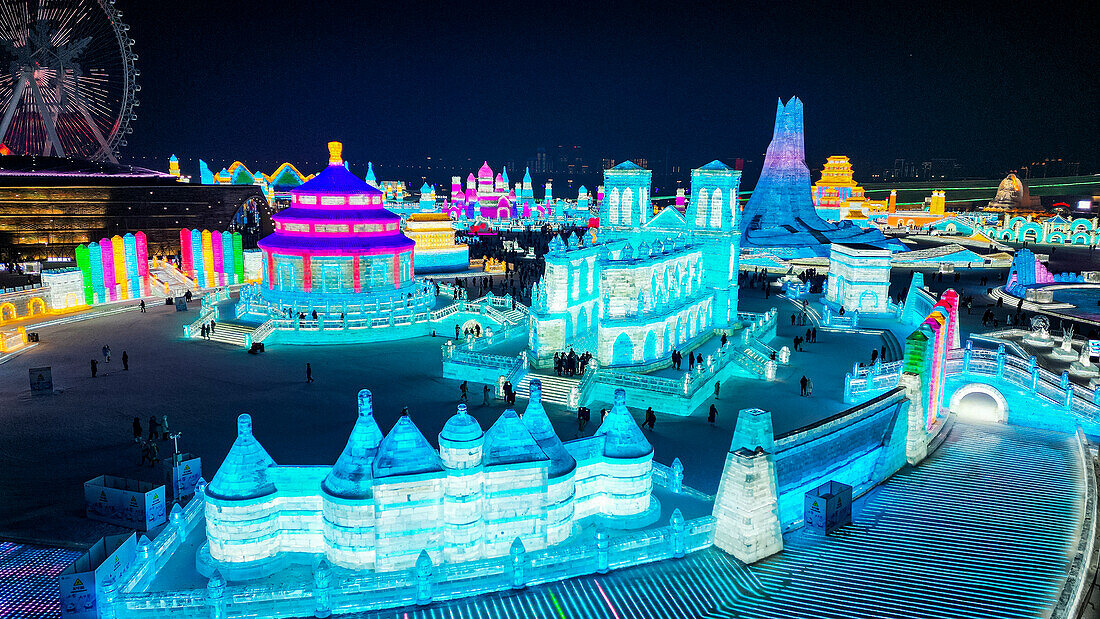 Aerial of the Illuminated buildings made out of ice, Ice International Ice and Snow Sculpture Festival, Harbin, Heilongjiang, China, Asia