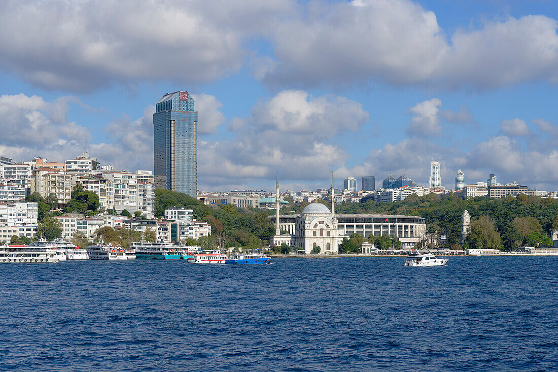 Dolmabahce Cami Mosque viewed from the Bosphorus, Besiktas, Istanbul, Turkey, Europe