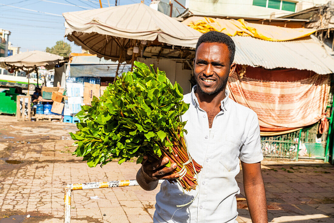 Mann verkauft Khat (Qat), eine lokale Droge, Hargeisa, Somaliland, Somalia, Afrika