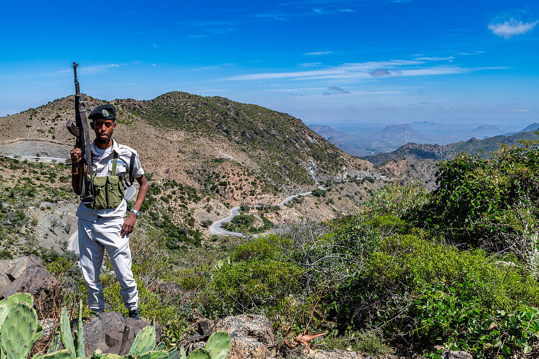 Armed guard and view over the Sheikh Mountains, Somaliland, Somalia, Africa