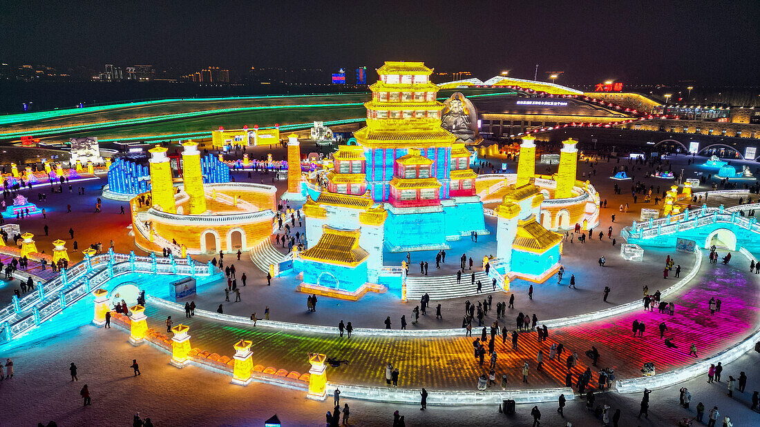 Aerial of the Illuminated buildings made out of ice, Ice International Ice and Snow Sculpture Festival, Harbin, Heilongjiang, China, Asia