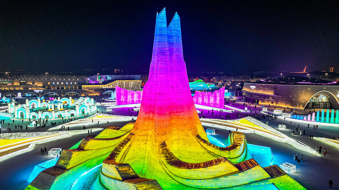 Aerial of the Illuminated buildings made out of ice, Ice International Ice and Snow Sculpture Festival, Harbin, Heilongjiang, China, Asia