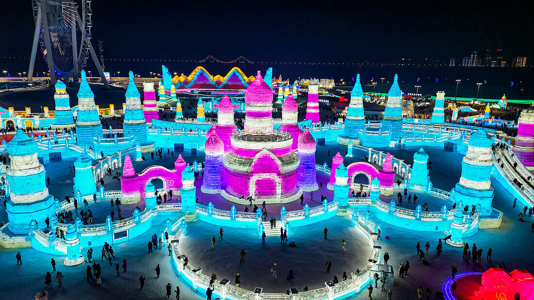 Aerial of the Illuminated buildings made out of ice, Ice International Ice and Snow Sculpture Festival, Harbin, Heilongjiang, China, Asia