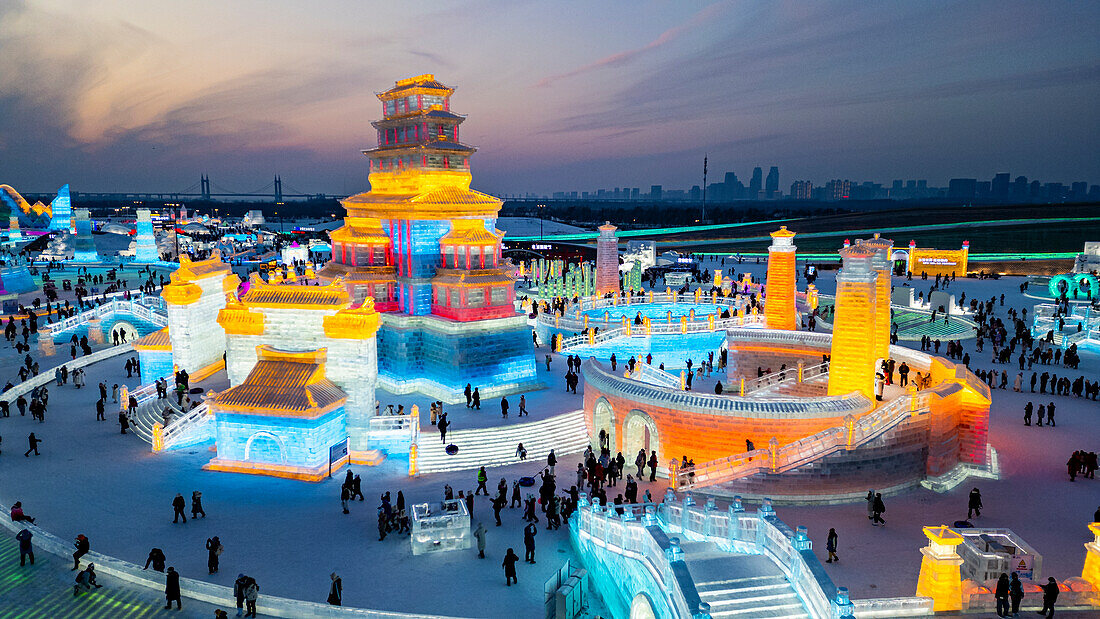 Aerial of the Illuminated buildings made out of ice, Ice International Ice and Snow Sculpture Festival, Harbin, Heilongjiang, China, Asia