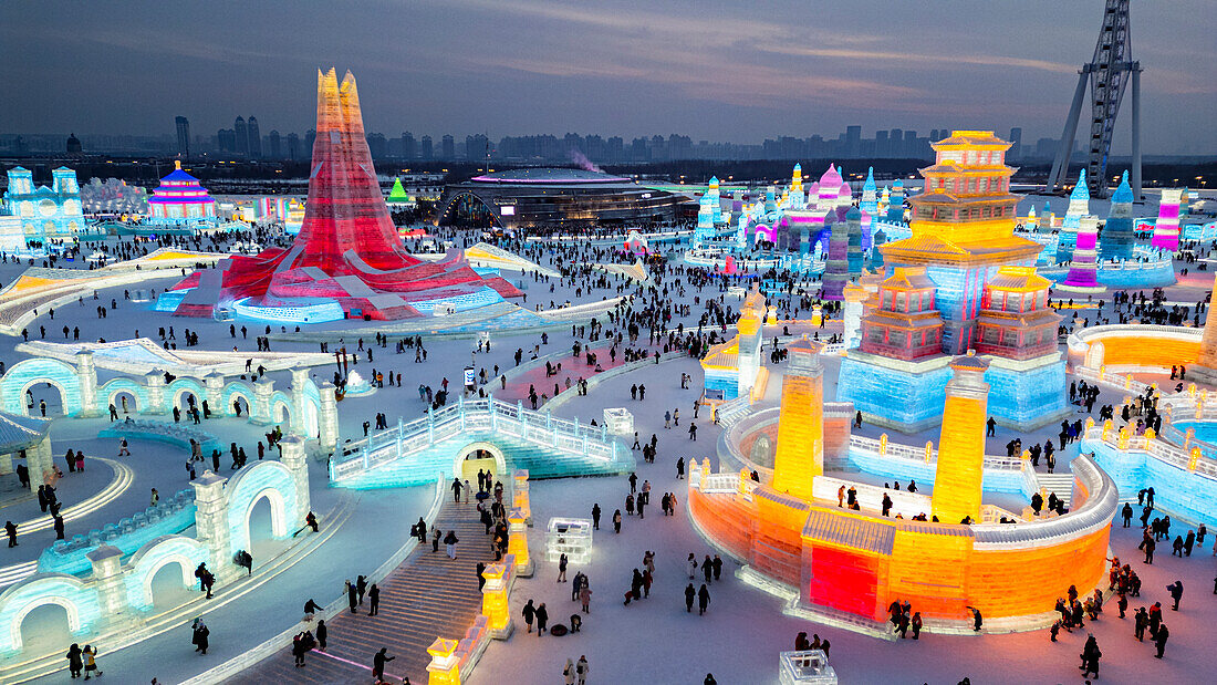 Aerial of the Illuminated buildings made out of ice, Ice International Ice and Snow Sculpture Festival, Harbin, Heilongjiang, China, Asia